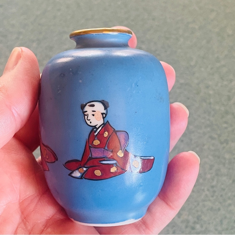 Vintage Japanese Blue Hand-Painted Mini Porcelain Vase~ 3”